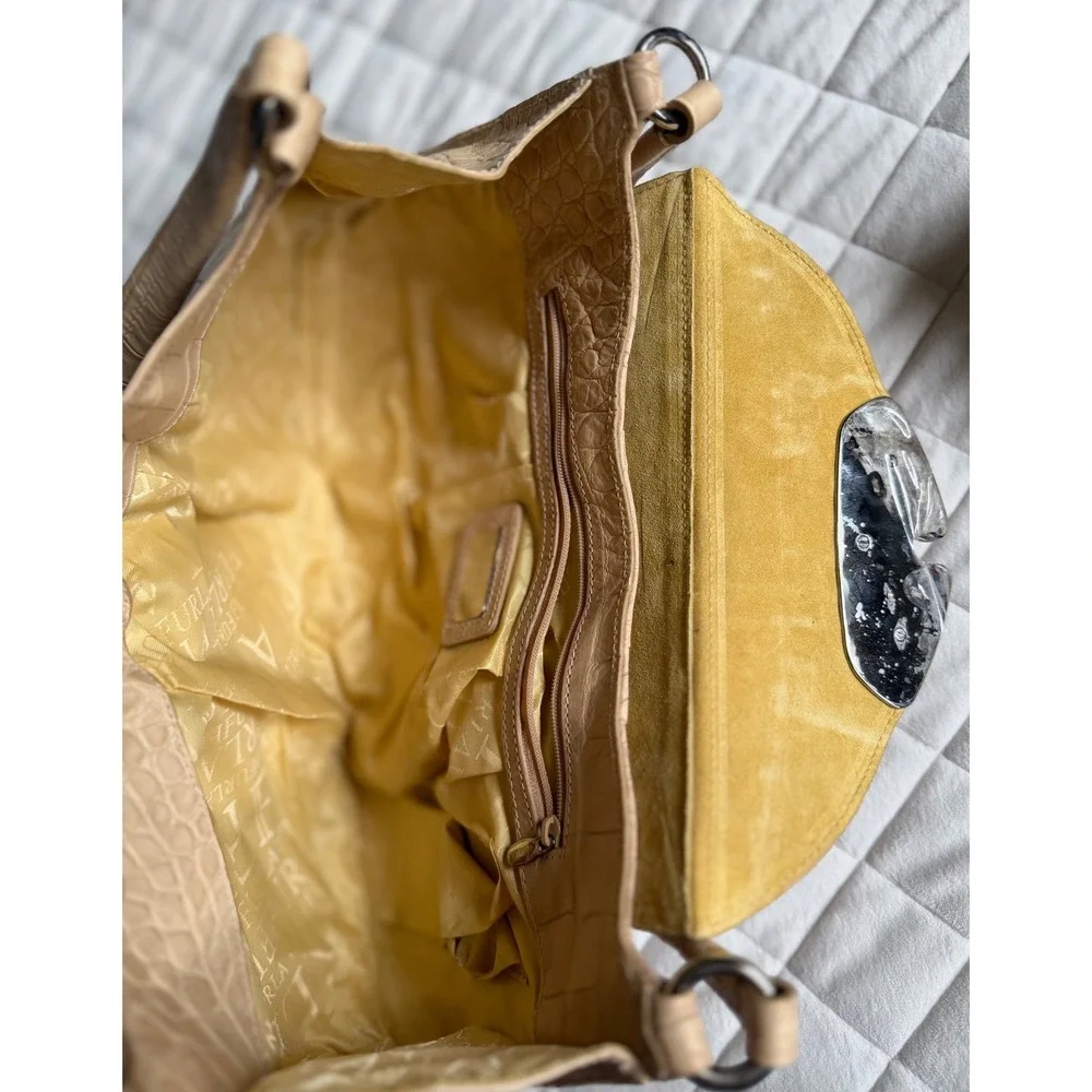 Y2K VTG Furla Crocodile Embossed Leather Hobo Pale Yellow Handbag Coquette Cute - Picture 5 of 7